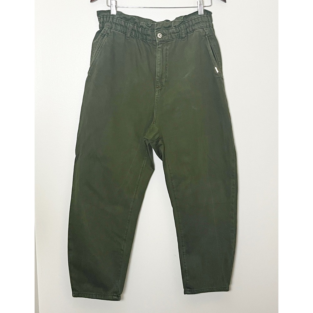 Zara Paperbag Waist Jeans Womens 10 Olive Green High Rise Utility Granola Girl